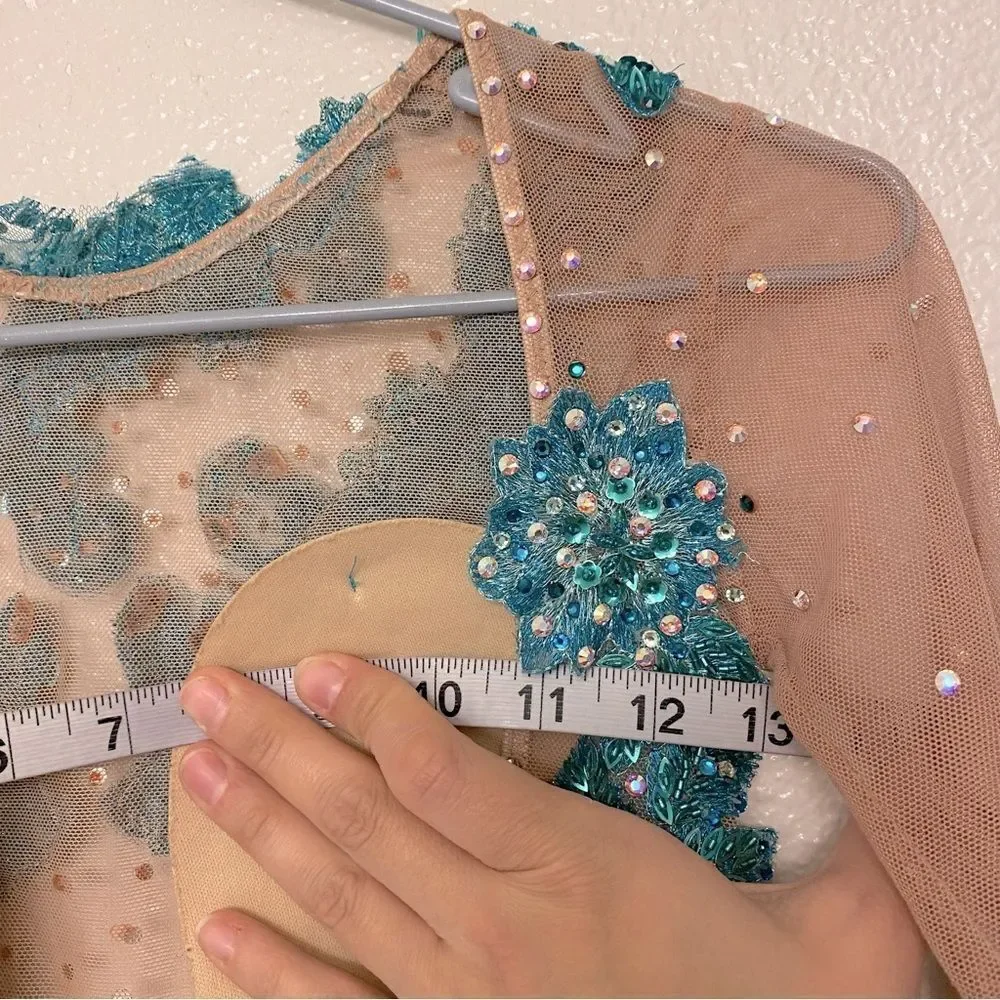 Custom Solo Dance Costume Teal Blue Lyrical Competition nude illusion SA adult